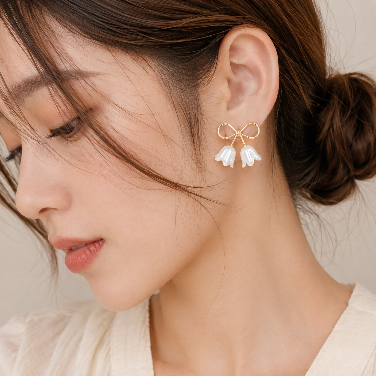 Gold Bow Floral Drop Earrings with White Petal Charms