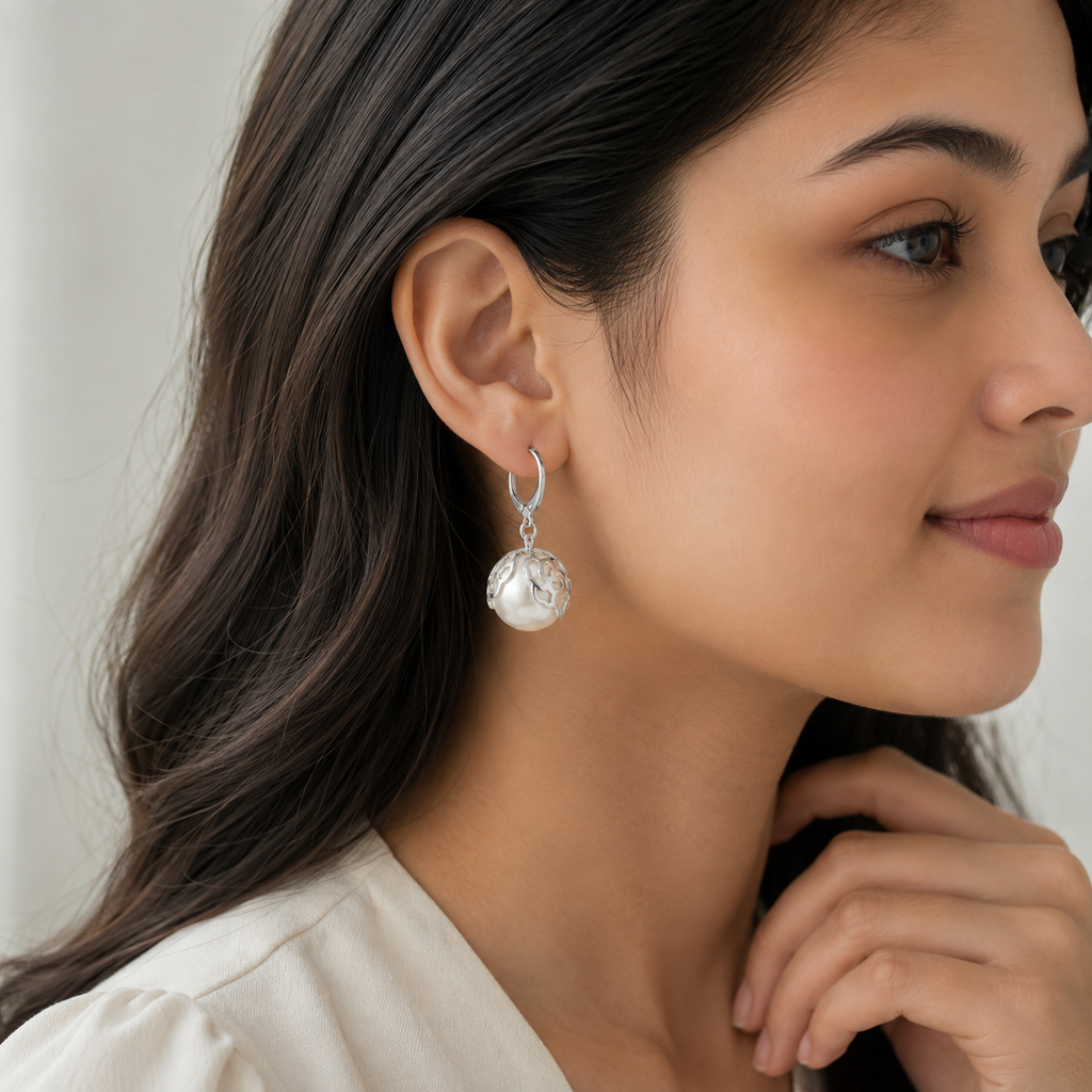 Silver Plated Pearl Floral Drop Earrings