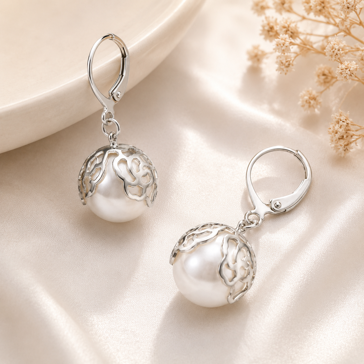 Silver Plated Pearl Floral Drop Earrings