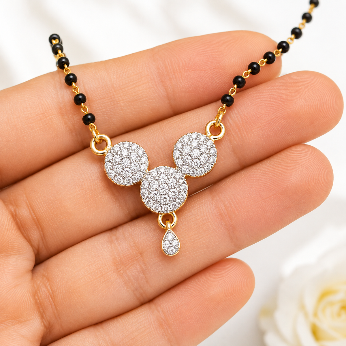 Gold Plated Black Beaded Mangalsutra with Stone Pendant