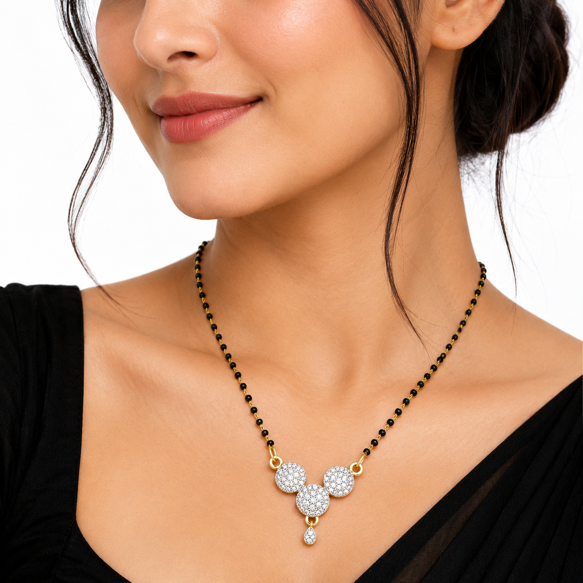 Gold Plated Black Beaded Mangalsutra with Stone Pendant