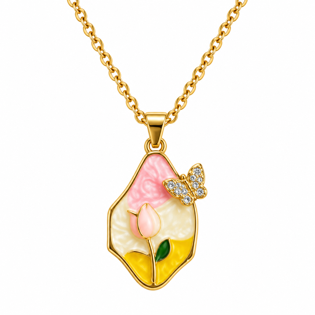 Pink Tulip & Butterfly Enamel Pendant Necklace