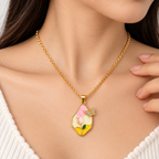 Pink Tulip & Butterfly Enamel Pendant Necklace