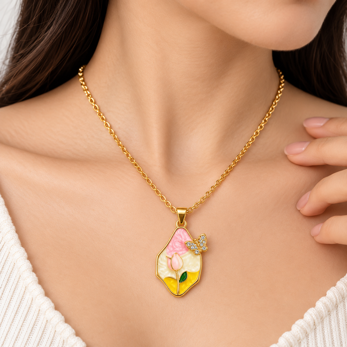 Pink Tulip & Butterfly Enamel Pendant Necklace