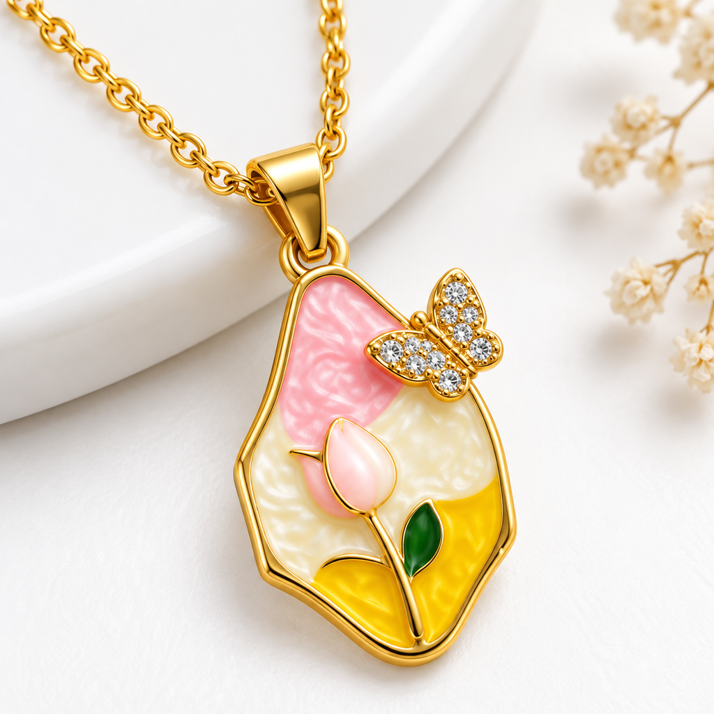 Pink Tulip & Butterfly Enamel Pendant Necklace