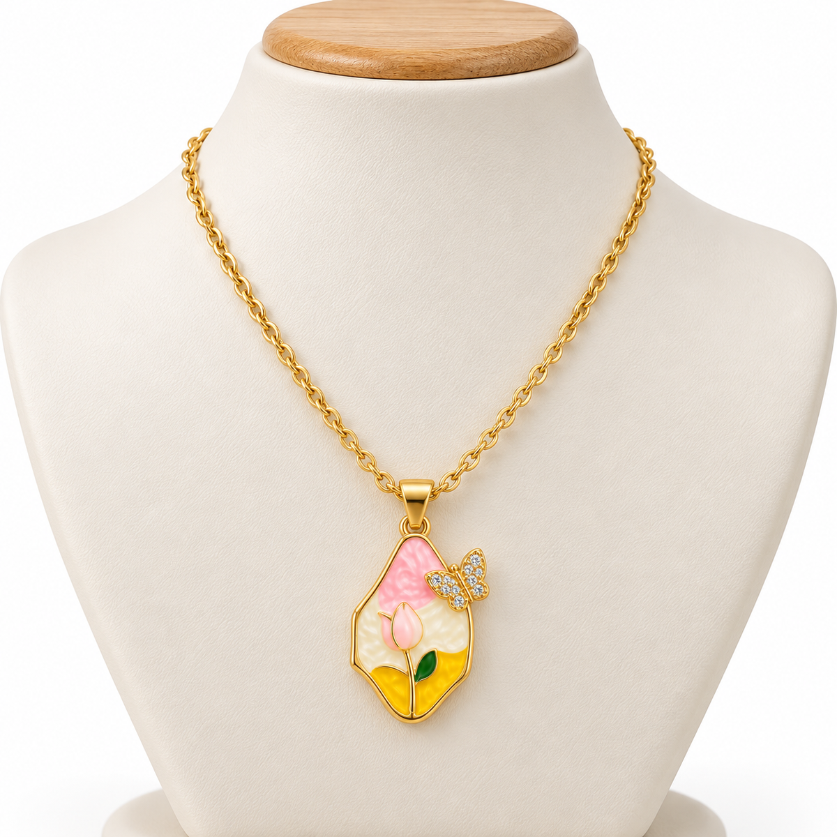 Pink Tulip & Butterfly Enamel Pendant Necklace
