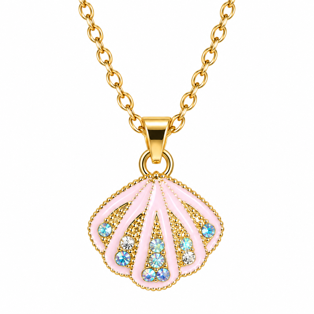 Pink Seashell Pendant Necklace for Women – Gold-Tone Crystal Necklace