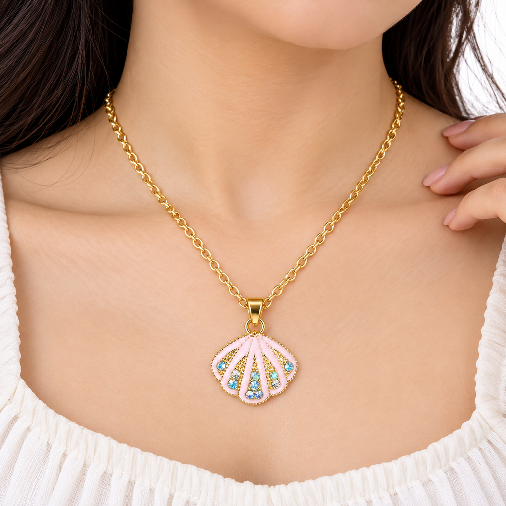 Pink Seashell Pendant Necklace for Women – Gold-Tone Crystal Necklace