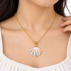 Pink Seashell Pendant Necklace for Women – Gold-Tone Crystal Necklace