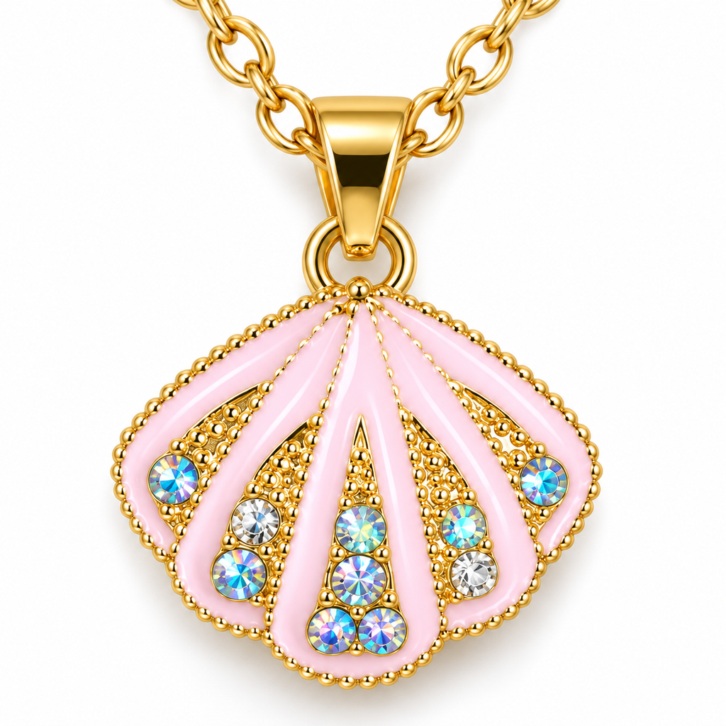 Pink Seashell Pendant Necklace for Women – Gold-Tone Crystal Necklace