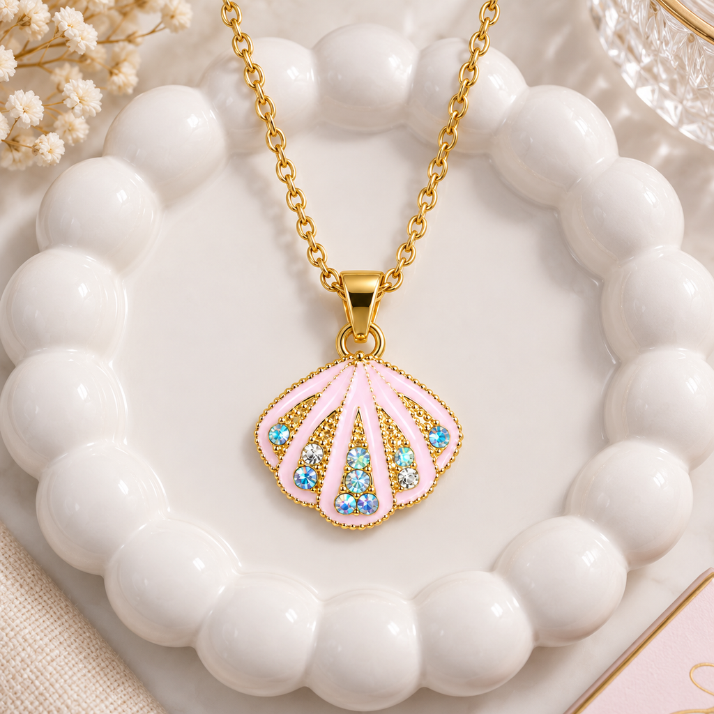 Pink Seashell Pendant Necklace for Women – Gold-Tone Crystal Necklace