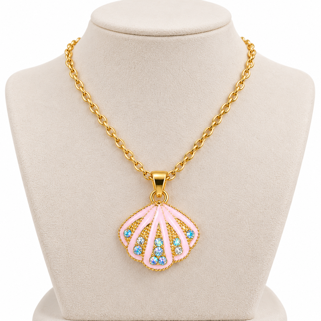 Pink Seashell Pendant Necklace for Women – Gold-Tone Crystal Necklace