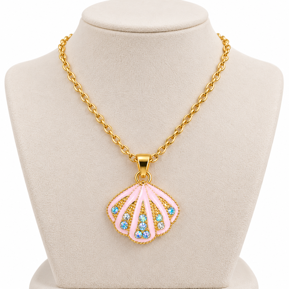 Pink Seashell Pendant Necklace for Women – Gold-Tone Crystal Necklace