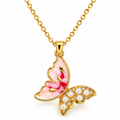 Gold Butterfly Pendant Necklace with Pink Enamel & Pearl Detailing