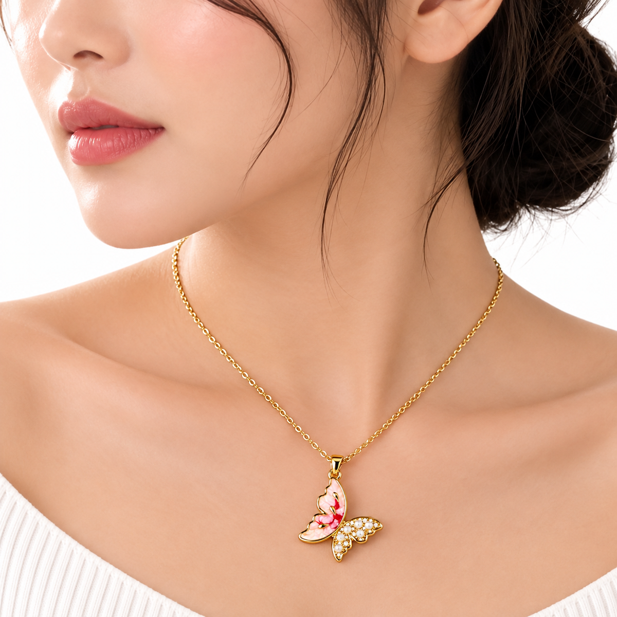 Gold Butterfly Pendant Necklace with Pink Enamel & Pearl Detailing