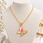 Gold Butterfly Pendant Necklace with Pink Enamel & Pearl Detailing