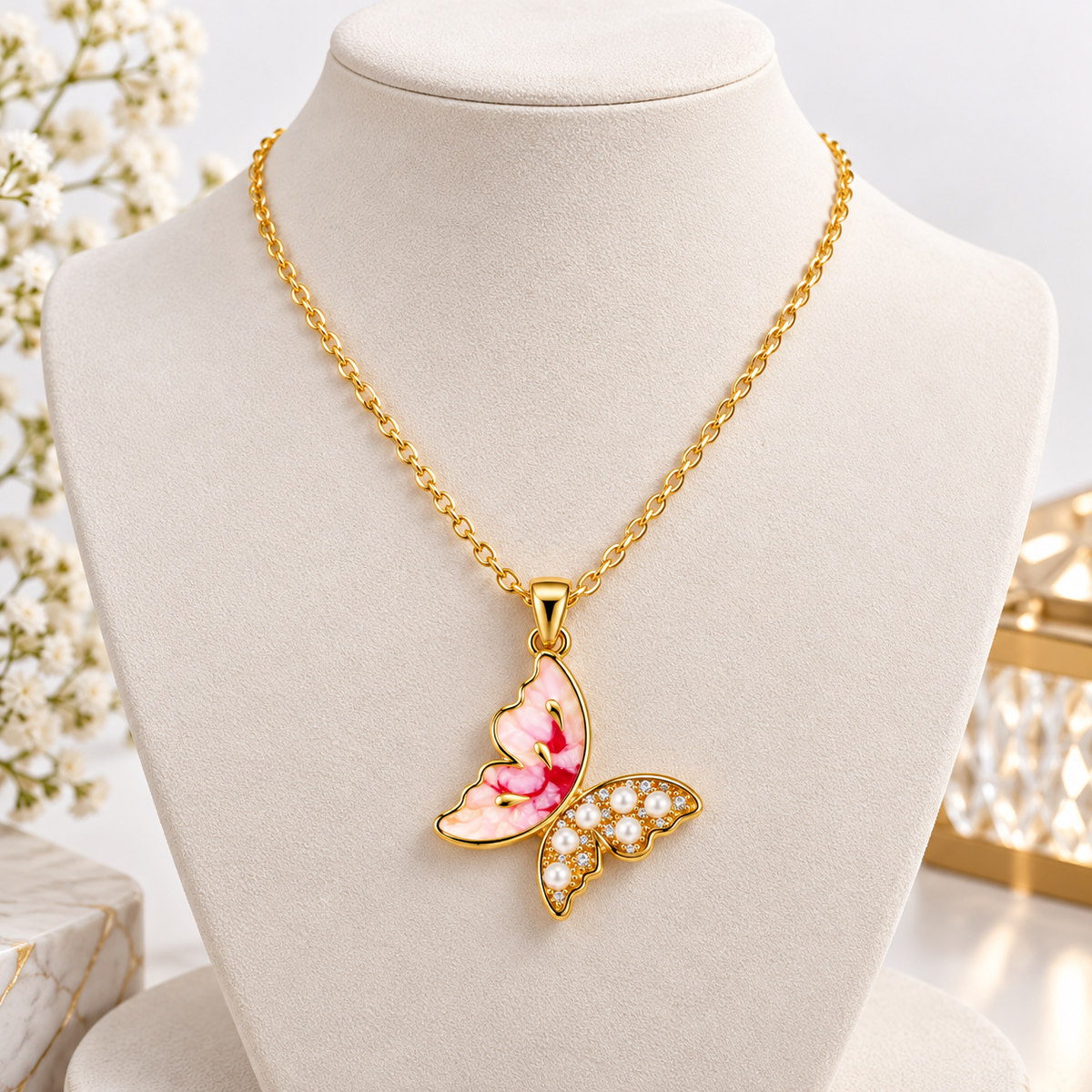 Gold Butterfly Pendant Necklace with Pink Enamel & Pearl Detailing