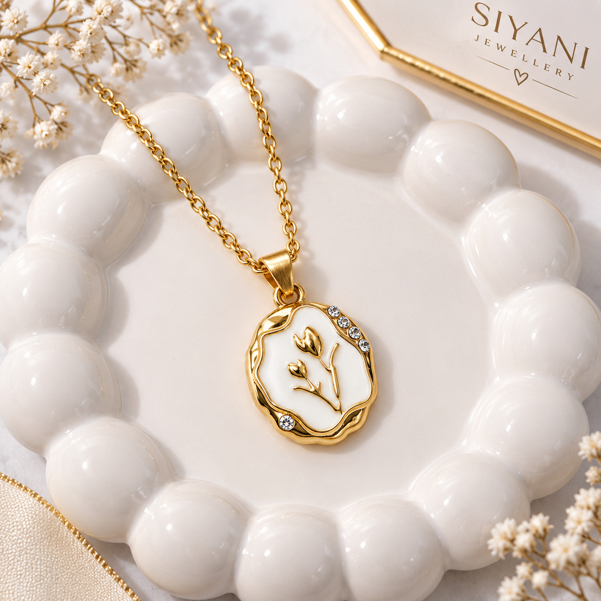 Gold Plated Floral Enamel Pendant Necklace
