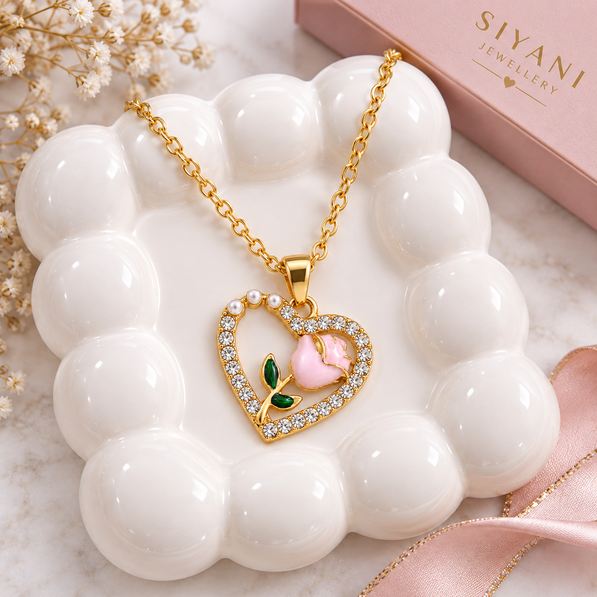 Gold-Tone Crystal Heart Rose Pendant Necklace