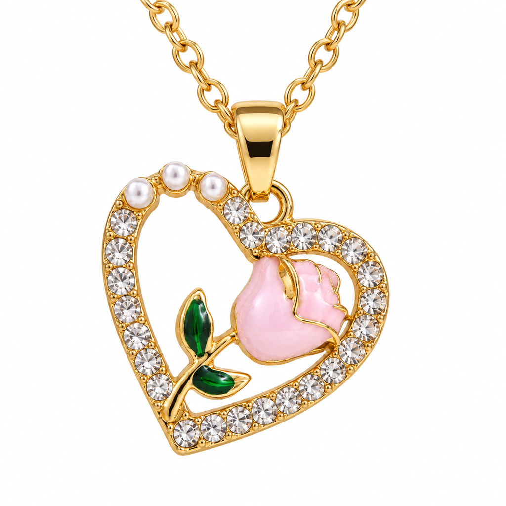 Gold-Tone Crystal Heart Rose Pendant Necklace