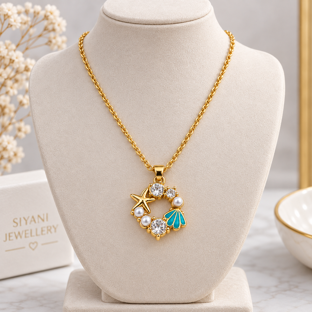 Gold-Tone Sea-Inspired Starfish & Turquoise Shell Pendant Necklace