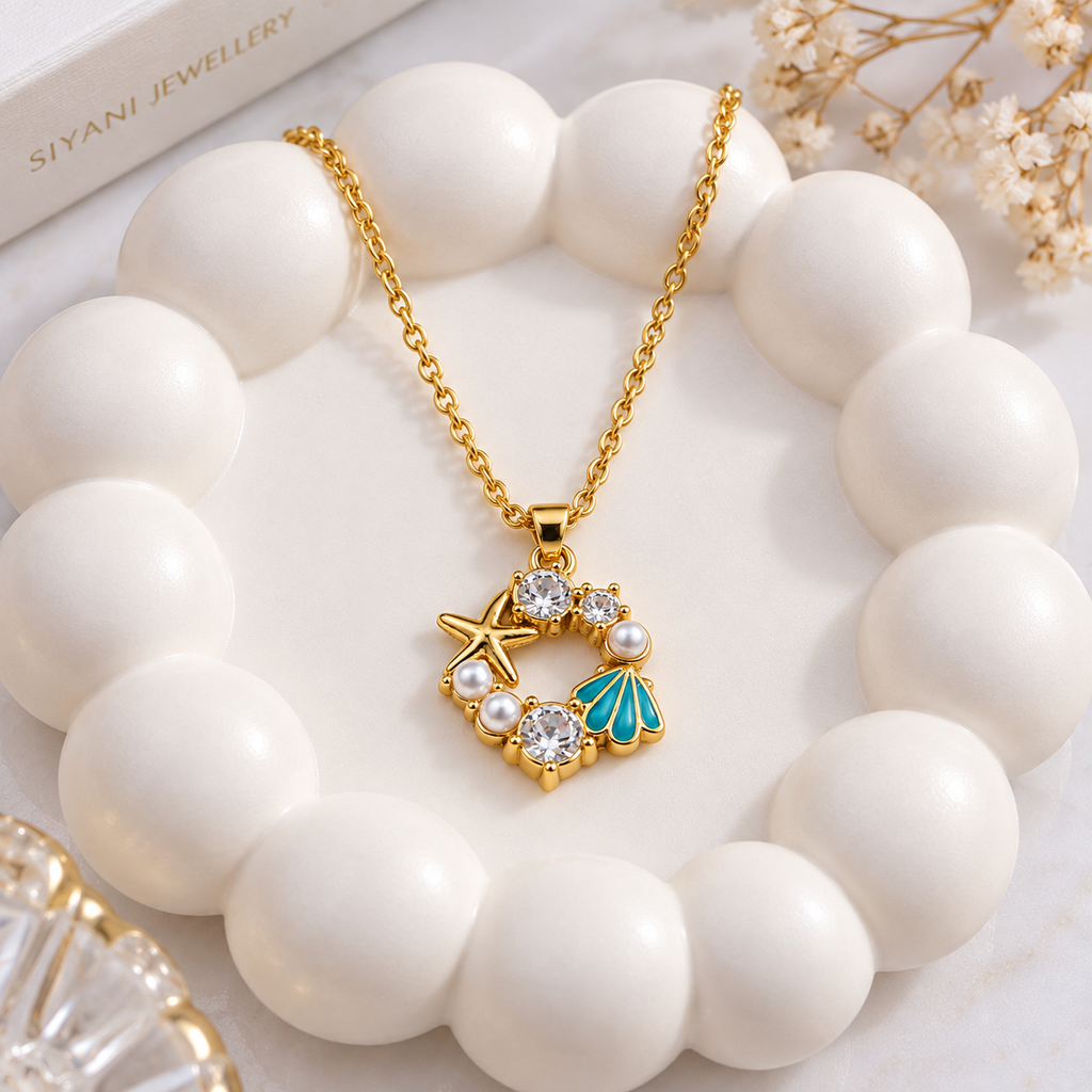 Gold-Tone Sea-Inspired Starfish & Turquoise Shell Pendant Necklace