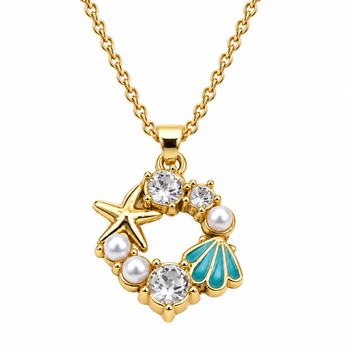 Gold-Tone Sea-Inspired Starfish & Turquoise Shell Pendant Necklace
