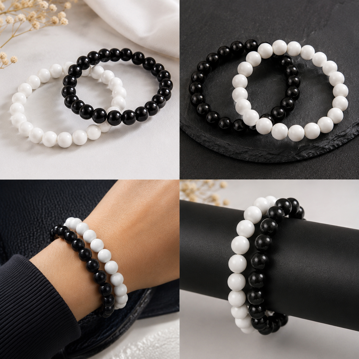 Black & White Beaded Stretch Bracelet Set