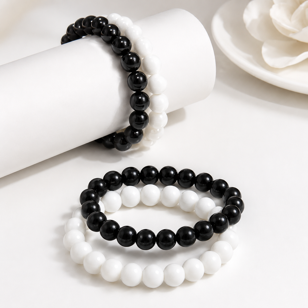 Black & White Beaded Stretch Bracelet Set