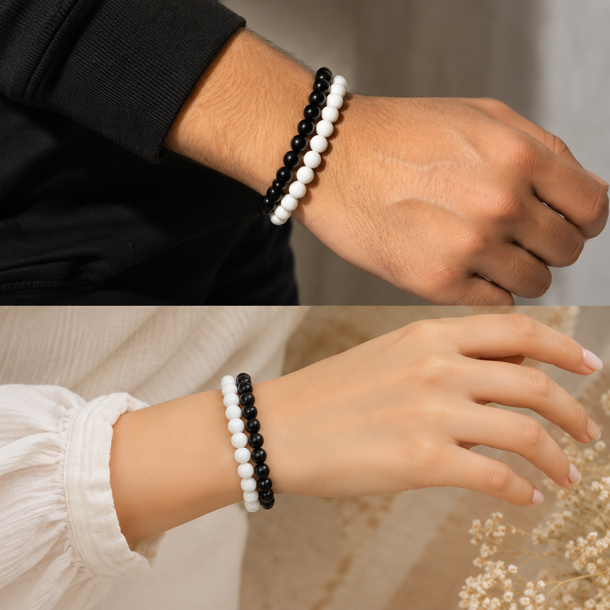 Black & White Beaded Stretch Bracelet Set