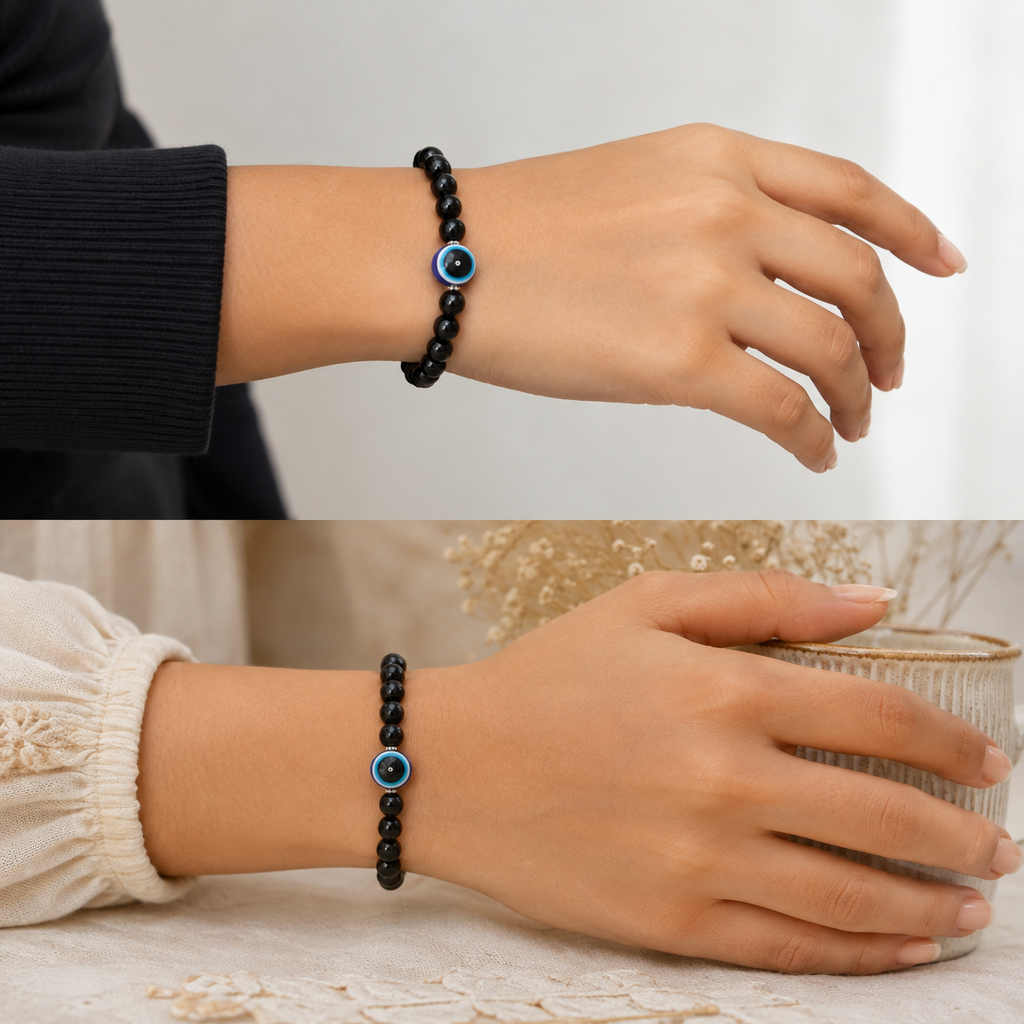 Black Beaded Evil Eye Bracelet