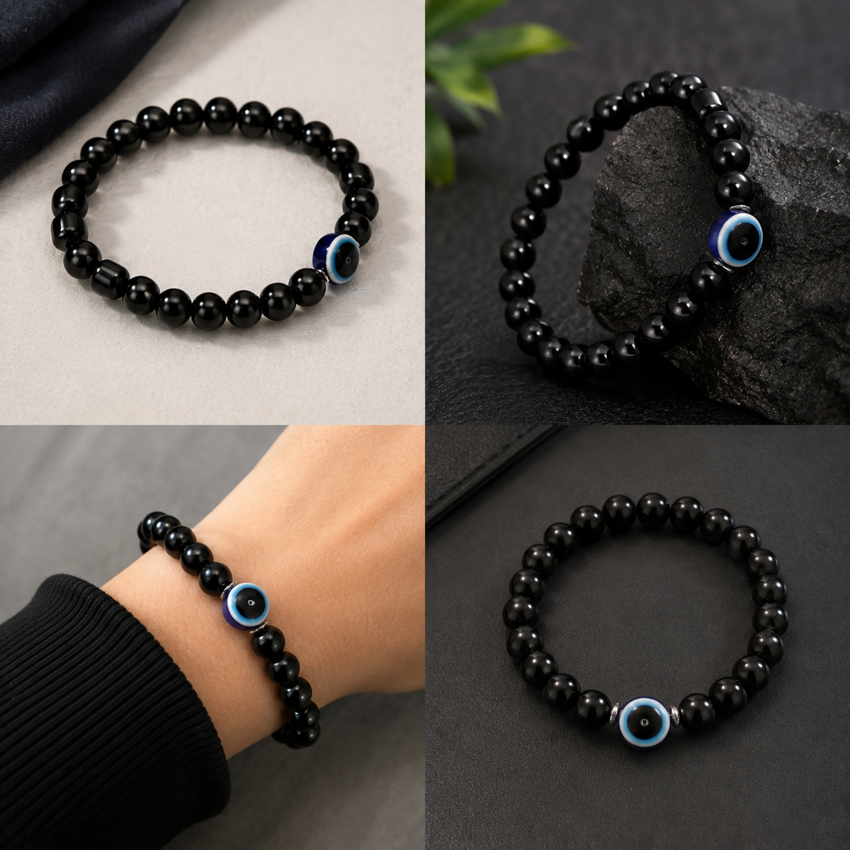 Black Beaded Evil Eye Bracelet