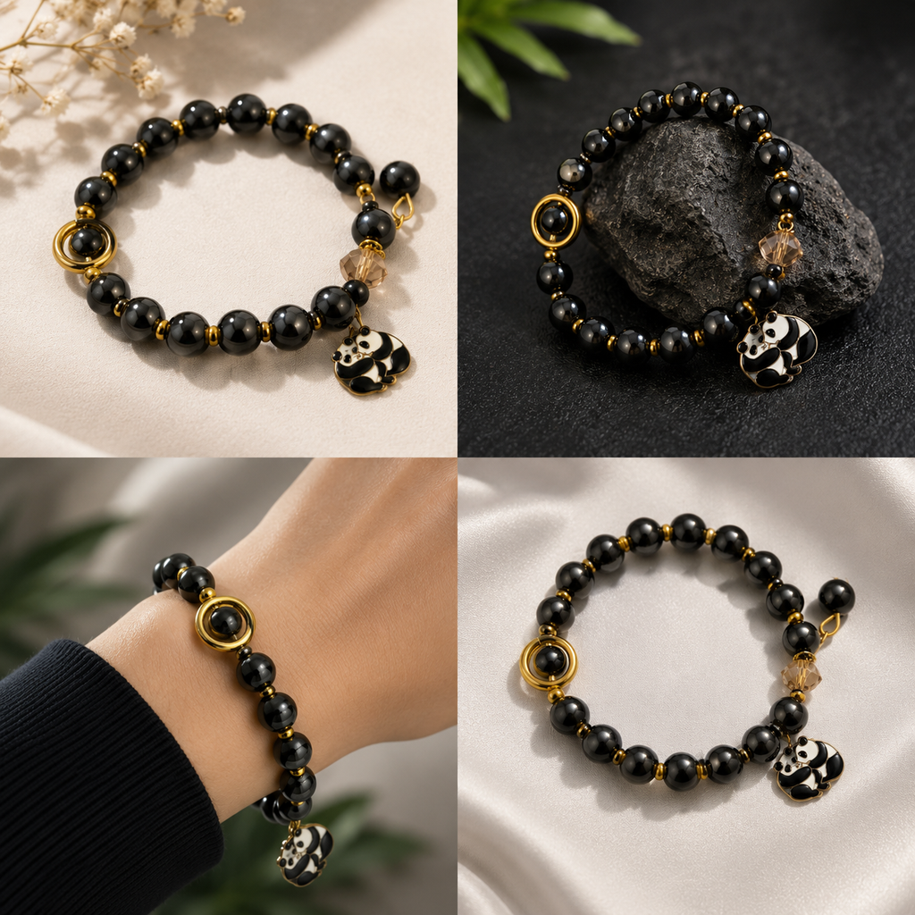 Black Beaded Bracelet with Gold Charms