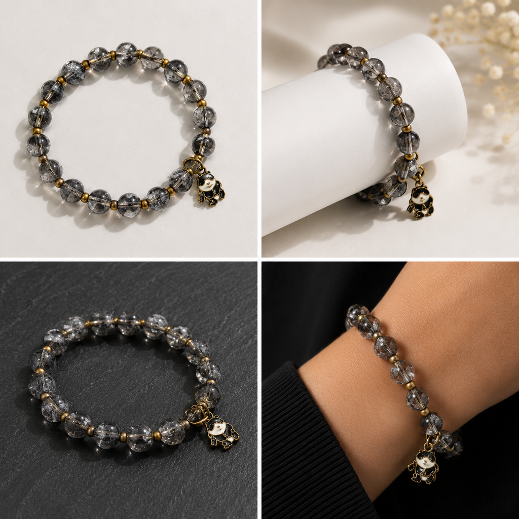 Grey & Black Beaded Bracelet with Gold-Tone Charm