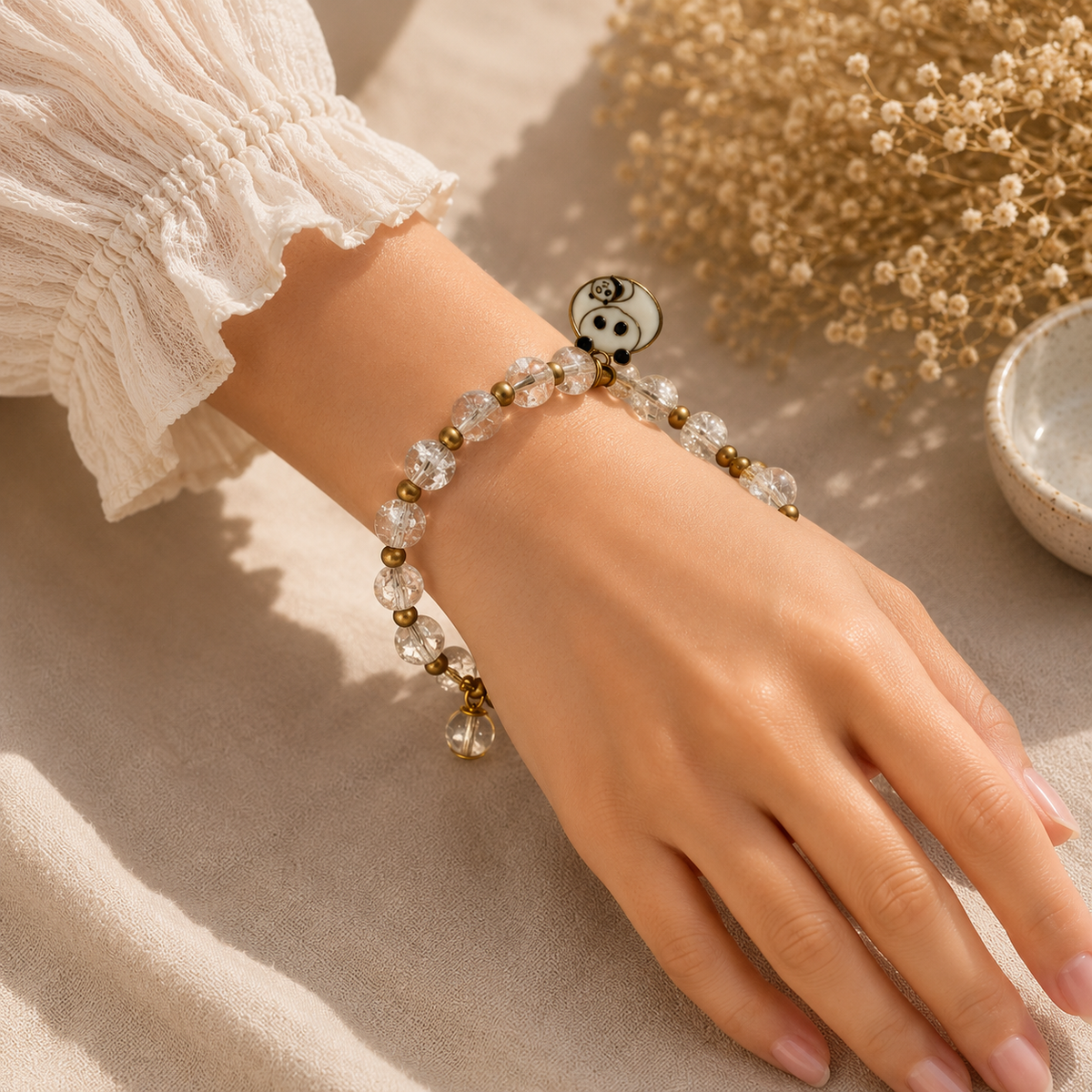 White & Gold Beaded Bracelet with Teddy Bear Charm
