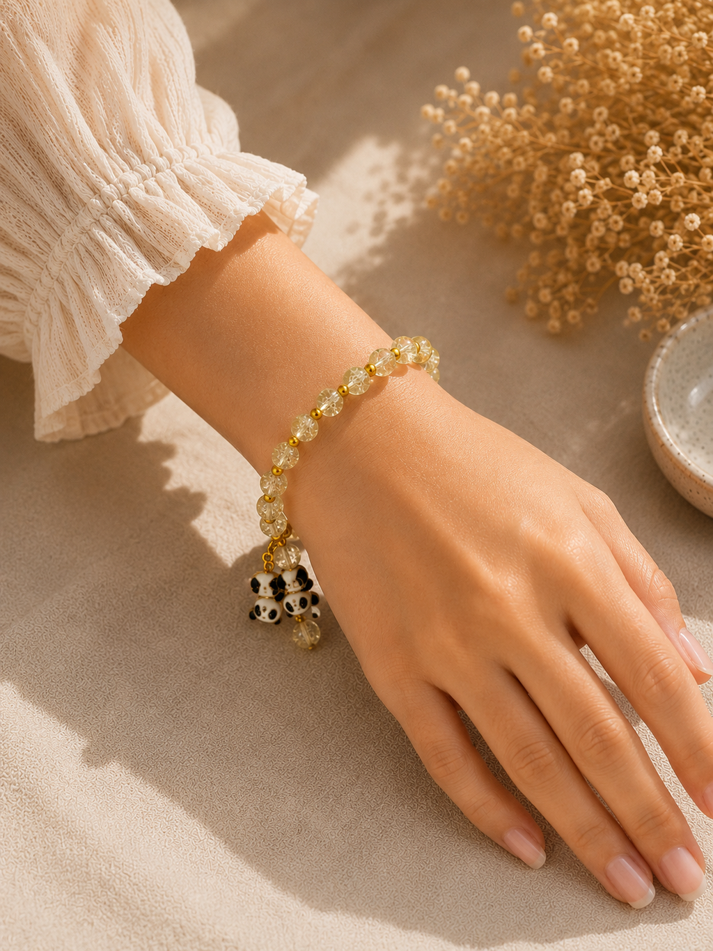 Gold-Tone Beaded Bracelet with Teddy Bear Charm
