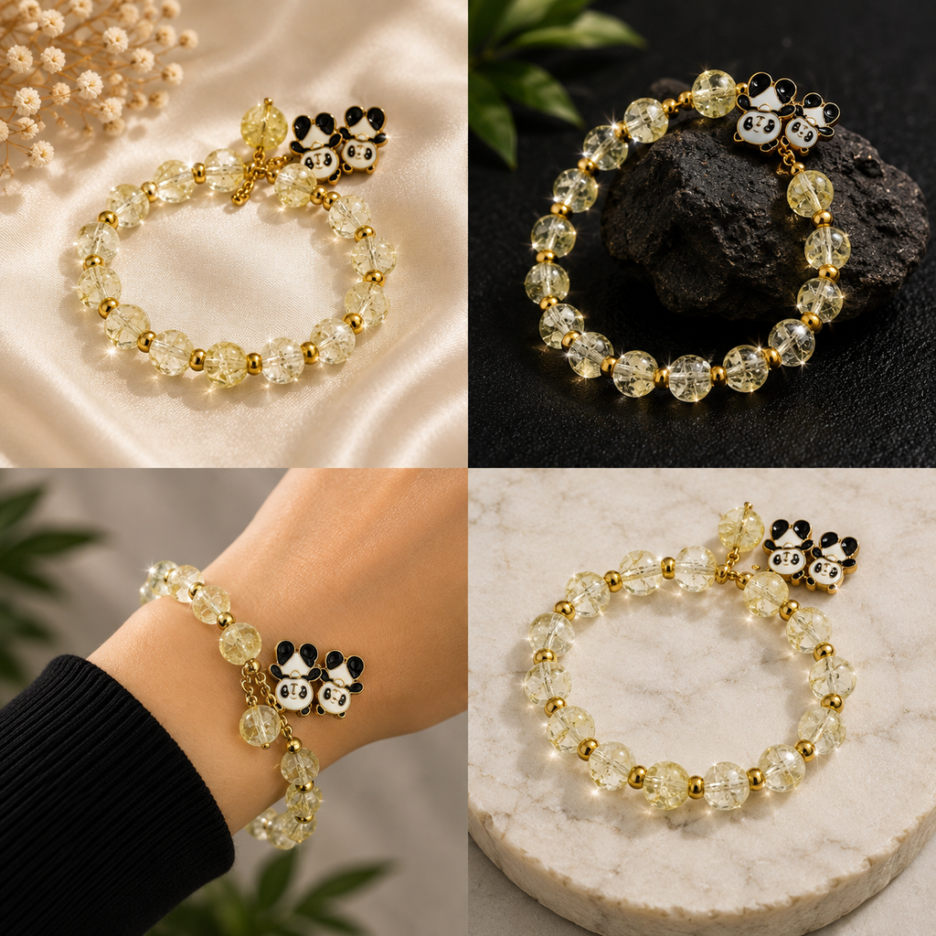 Gold-Tone Beaded Bracelet with Teddy Bear Charm
