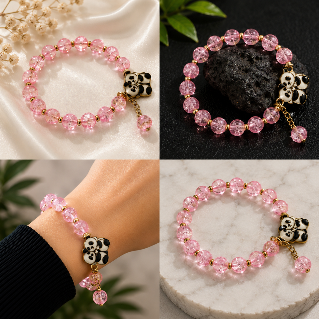 Pink Beaded Bracelet with Teddy Bear Charm