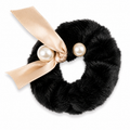 Black Furry Scrunchie with Satin Bow & Pearl Accents