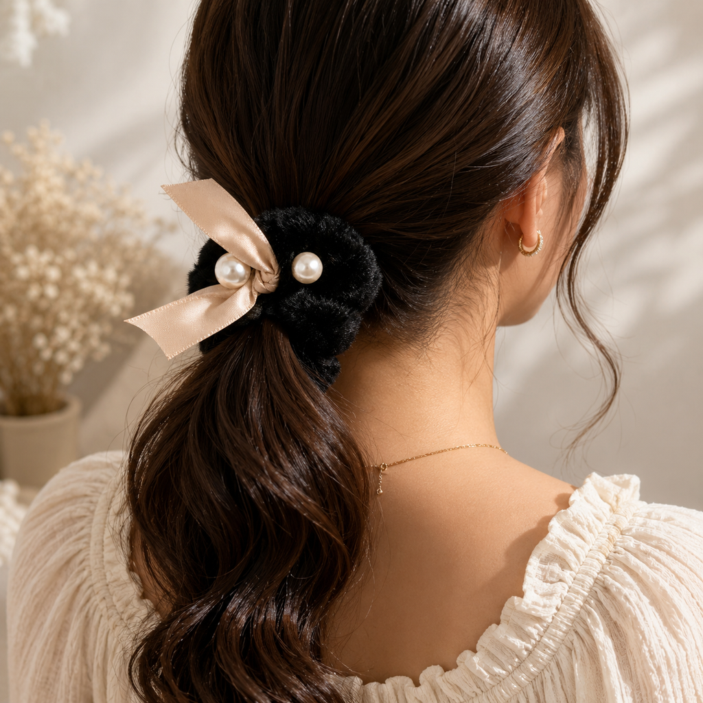 Black Furry Scrunchie with Satin Bow & Pearl Accents