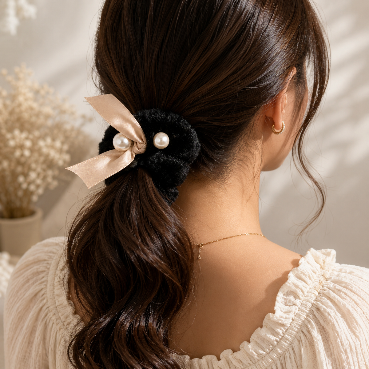 Black Furry Scrunchie with Satin Bow & Pearl Accents