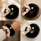 Black Furry Scrunchie with Satin Bow & Pearl Accents