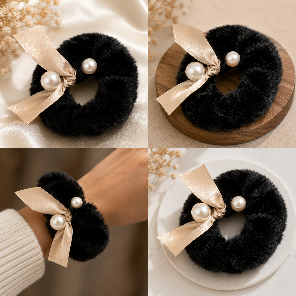 Black Furry Scrunchie with Satin Bow & Pearl Accents