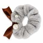 Grey Furry Scrunchie with Brown Satin Bow & Pearl Accents