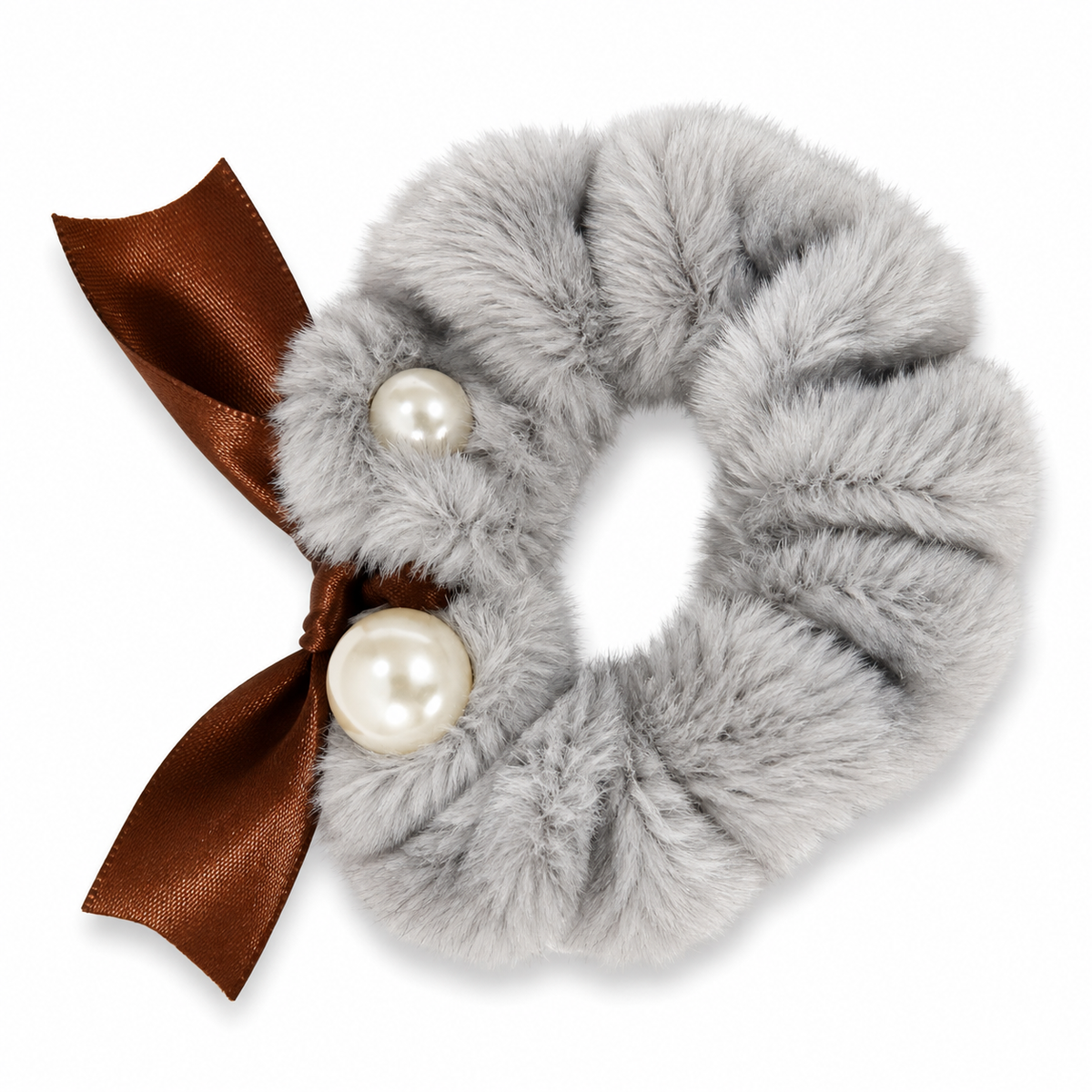 Grey Furry Scrunchie with Brown Satin Bow & Pearl Accents