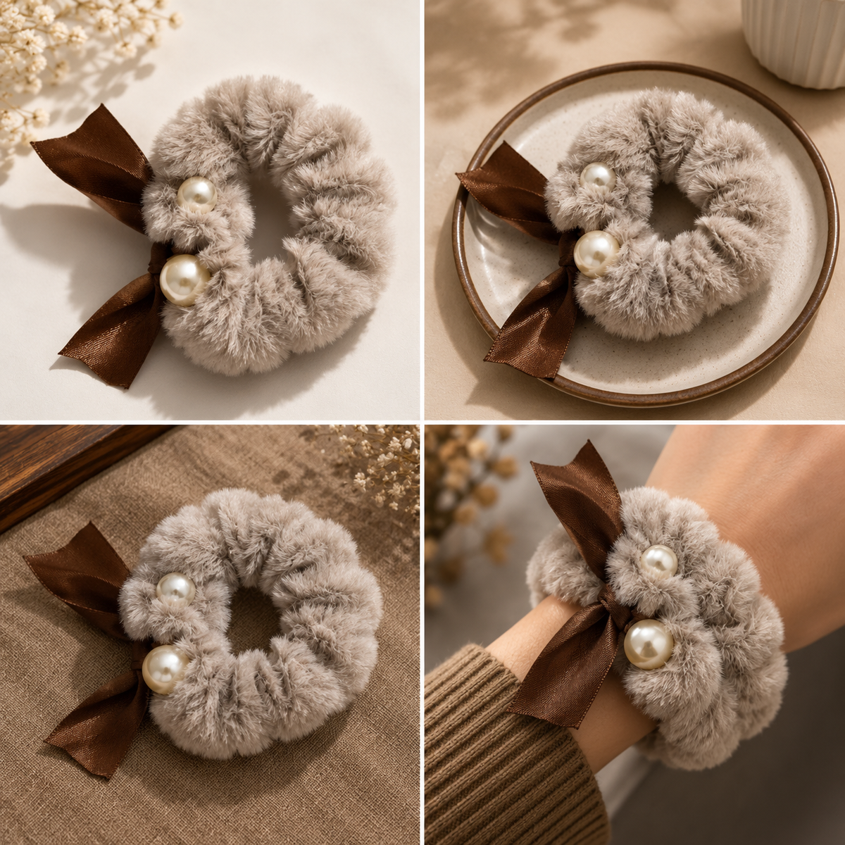 Grey Furry Scrunchie with Brown Satin Bow & Pearl Accents