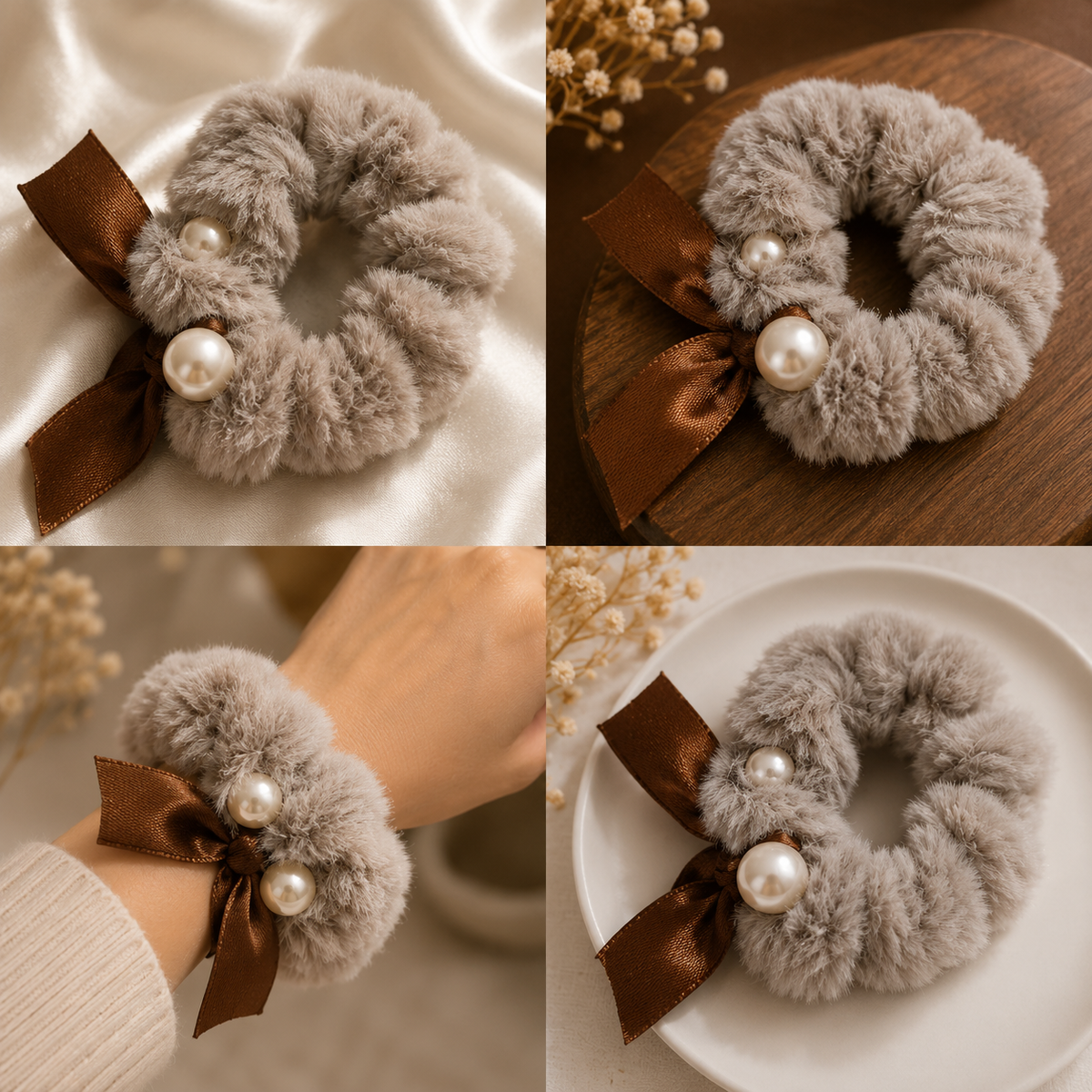 Grey Furry Scrunchie with Brown Satin Bow & Pearl Accents