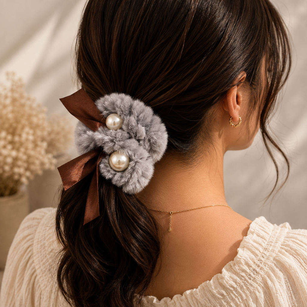 Grey Furry Scrunchie with Brown Satin Bow & Pearl Accents