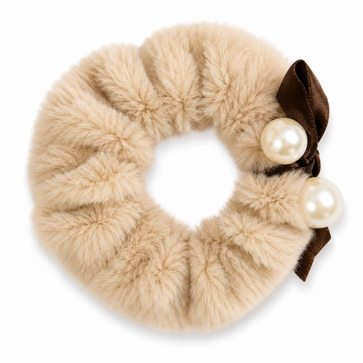 Beige Furry Scrunchie with Brown Bow & Pearl Accents