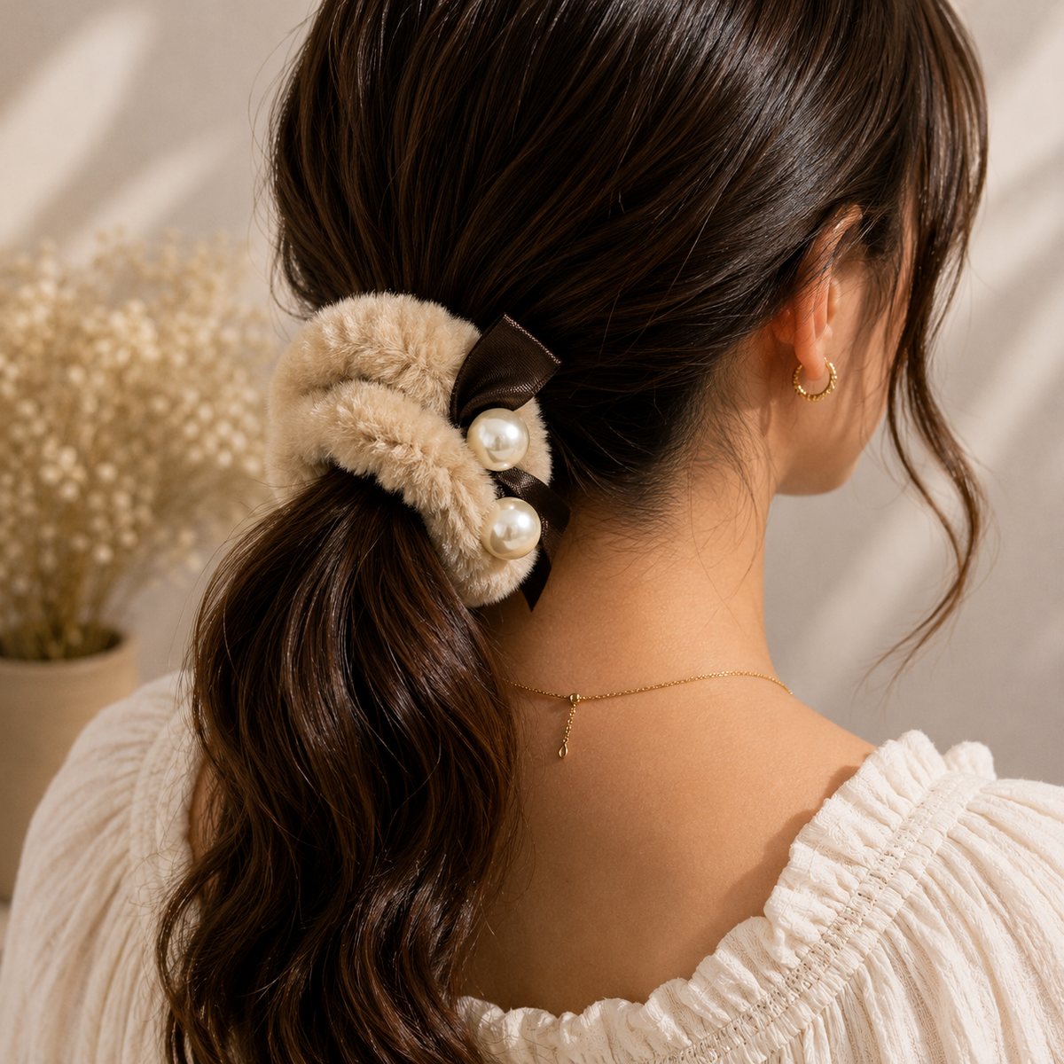 Beige Furry Scrunchie with Brown Bow & Pearl Accents